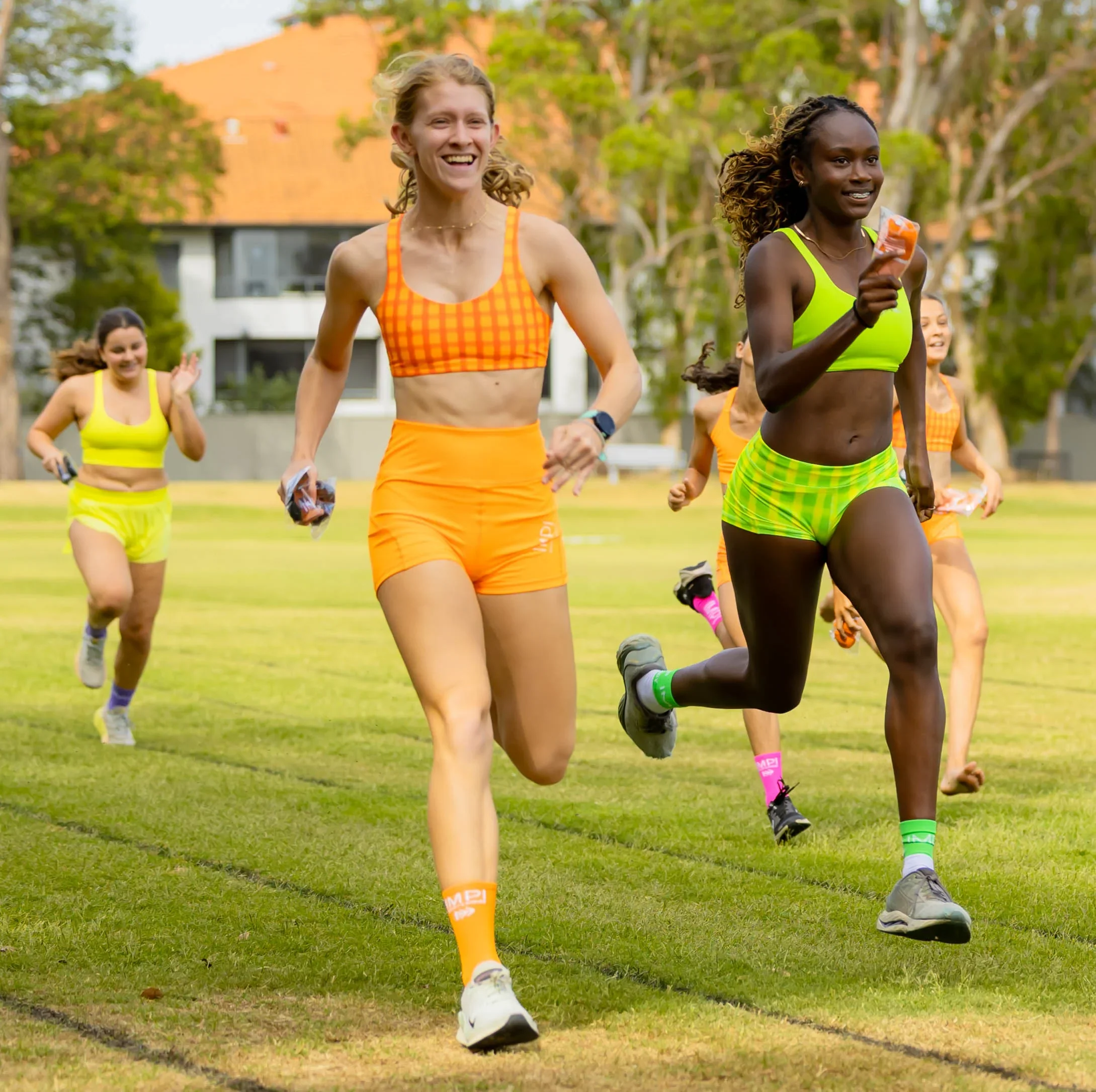 IMPI Strappy Girls Crop Top - Neon Orange Check - Image 2