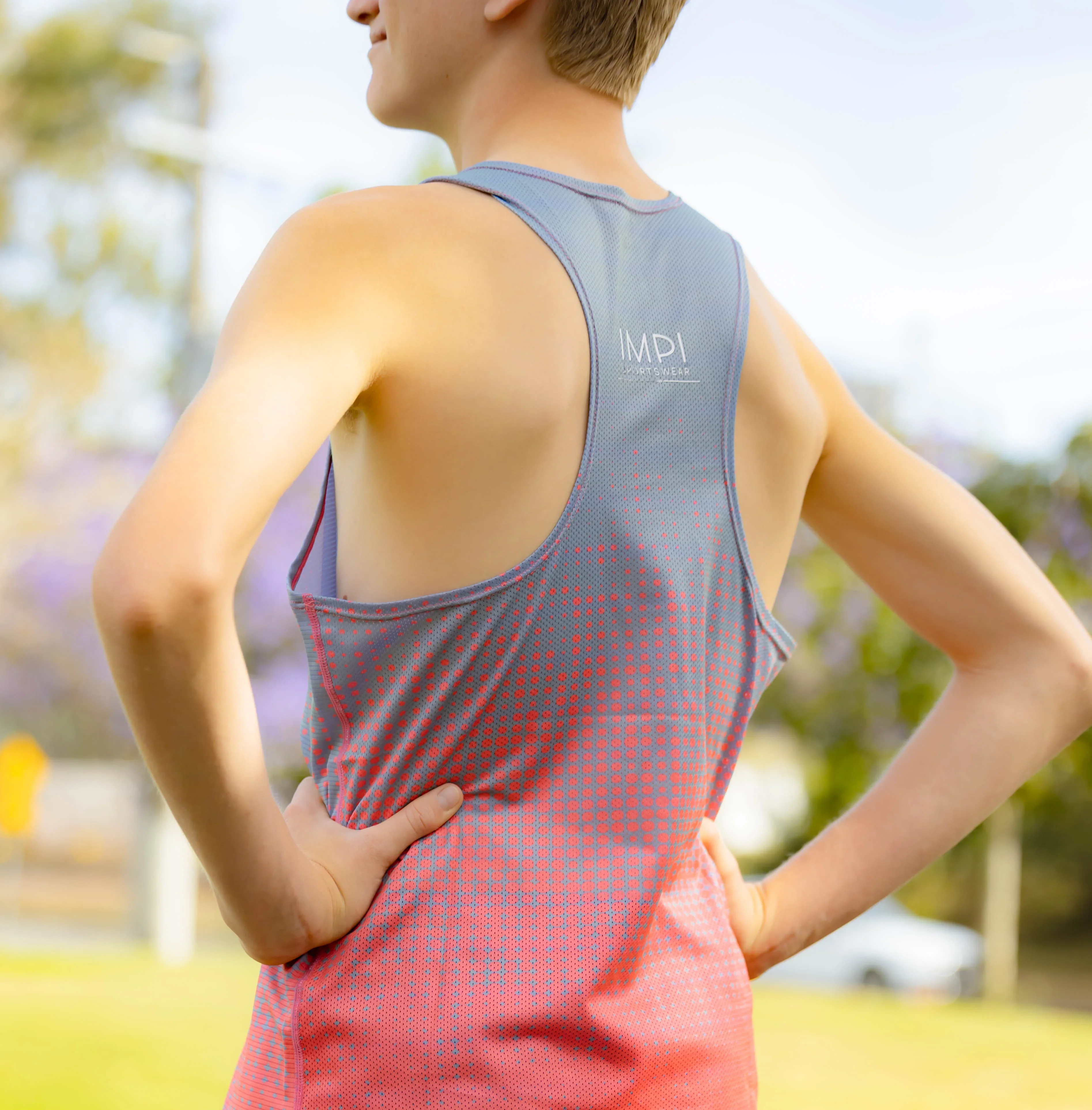 IMPI Boys Race Back Singlet -Grey/Neon Coral - Image 4