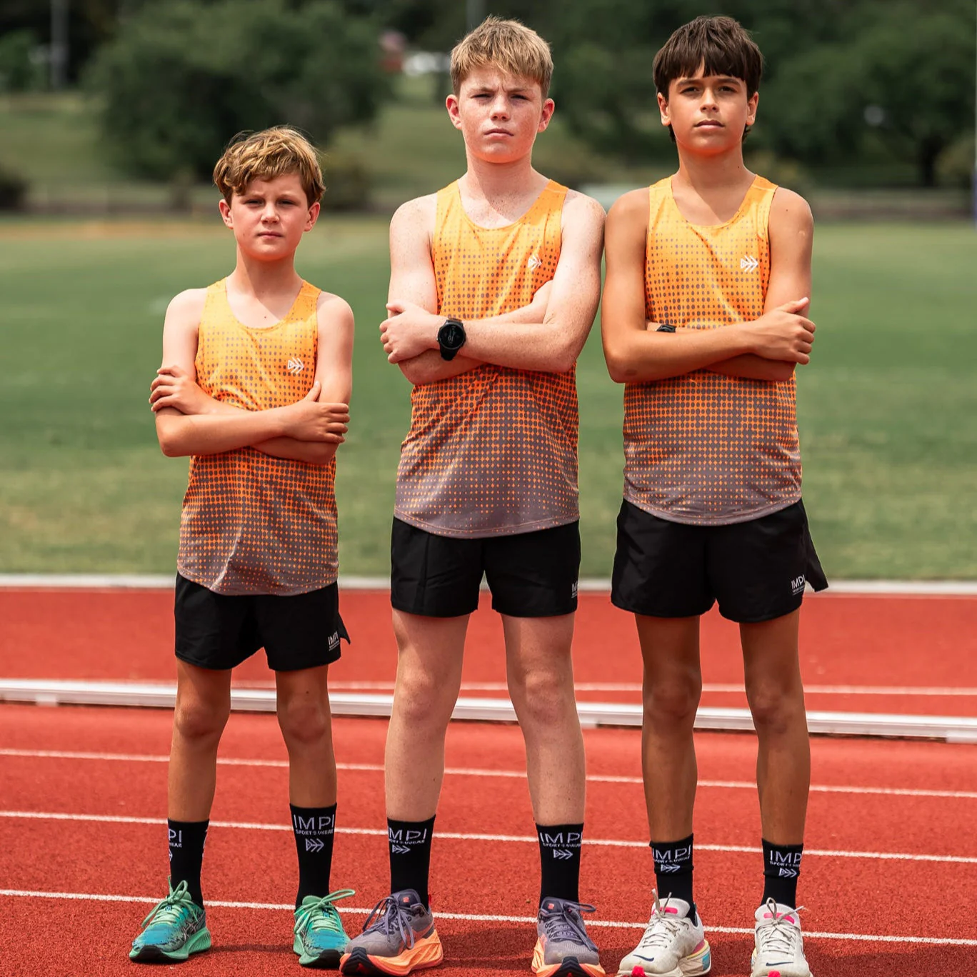 IMPI Boys Race Back Singlet - Grey/Fluoro Orange - Image 2