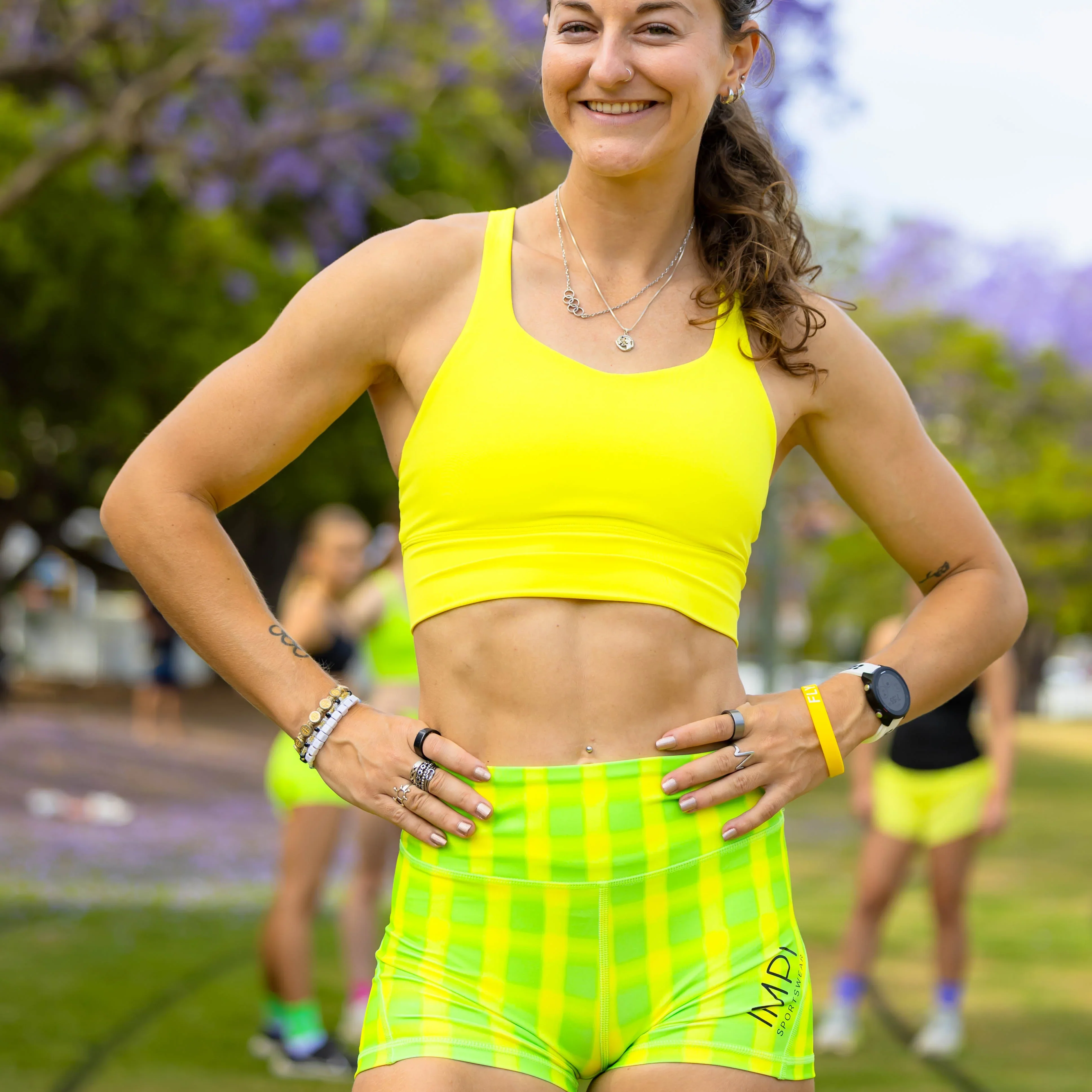 IMPI High Waist Bike Shorts - Neon Green Check - Image 3